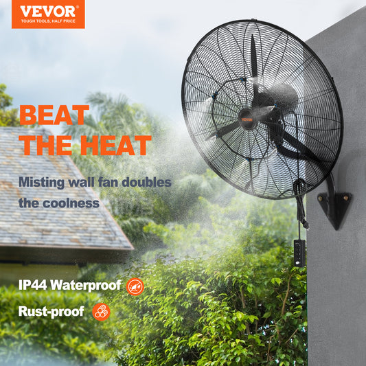 VEVOR Wall-Mount Misting Fan, 24 Inch, 3-speed High Velocity Max. 7000 CFM, Waterproof Oscillating Industrial Wall Fan, Commercial Or Residential For Warehouse, Greenhouse, Workshop, Black, ETL Listed