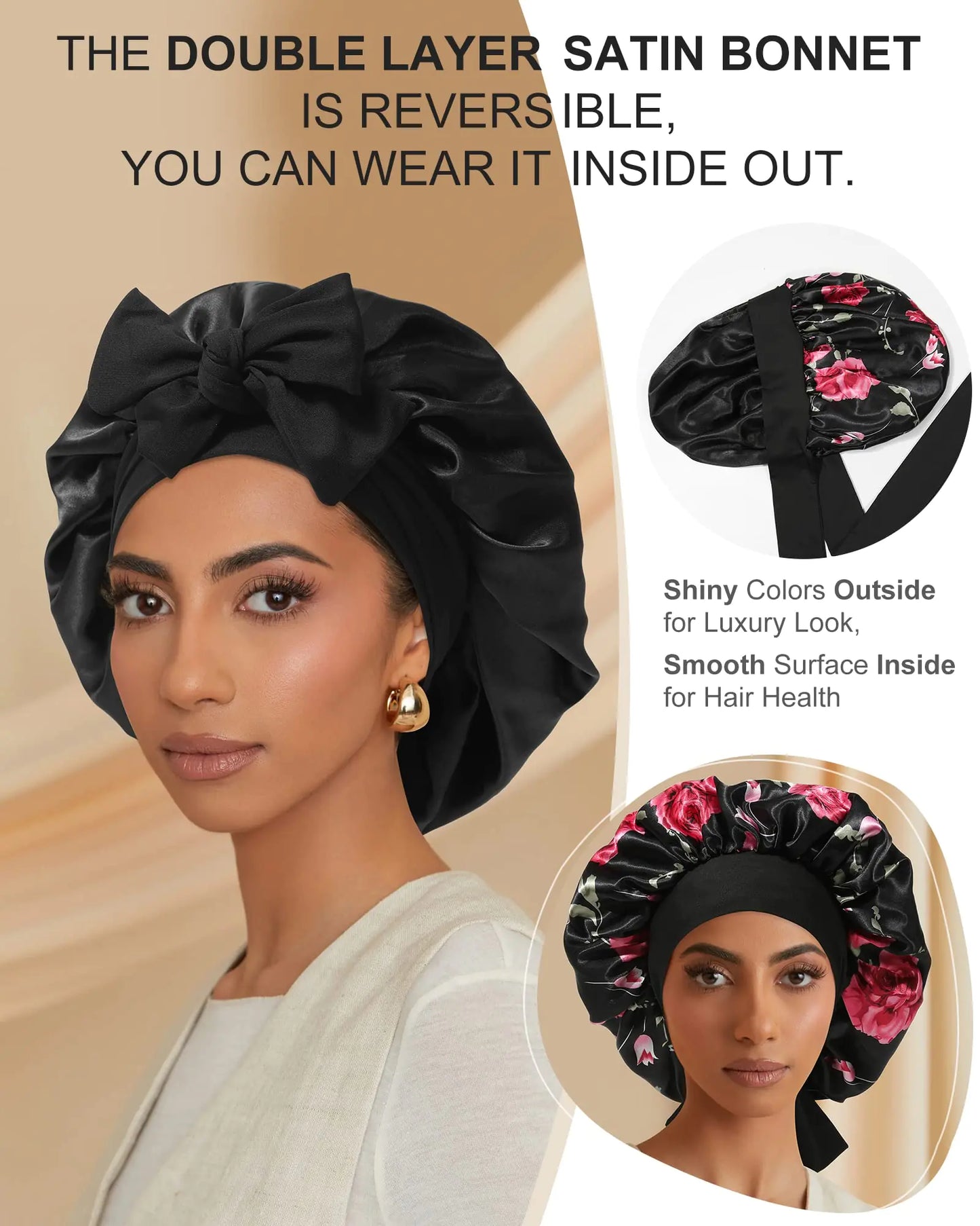 Satin Bonnet for Women Silk Bonnets for Sleeping Curly Hair Bonnet with Tie Band Double Layer Sleep Cap Hair Wrap 7-7 3/8 Black + Red Flower