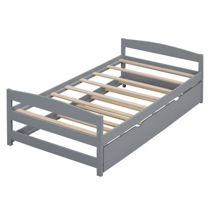 Twin Size Platform Bed With Twin Size Trundle, Gray