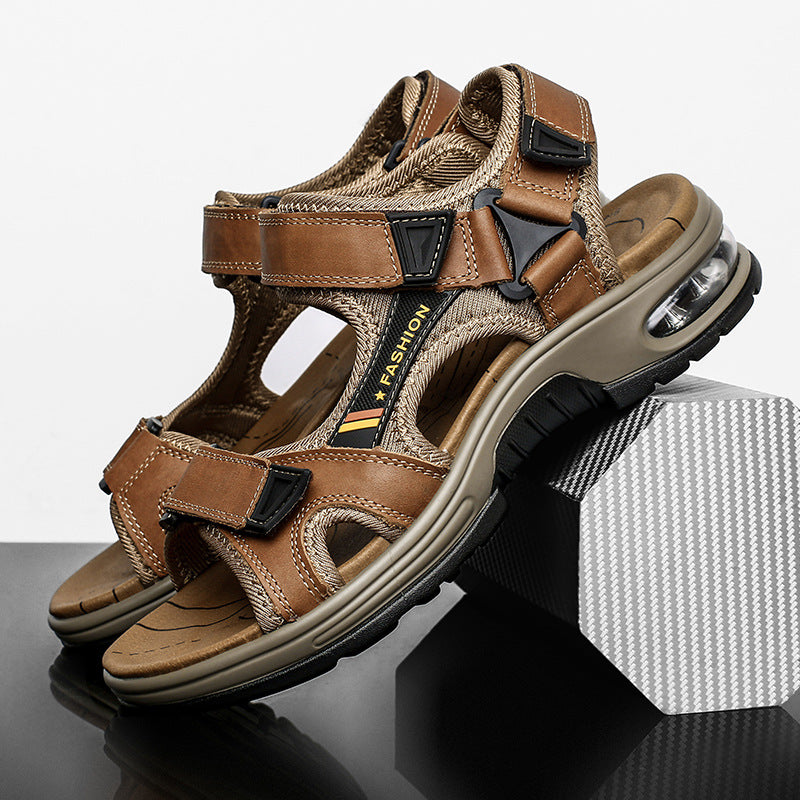 Men's sandals: genuine leather casual beach sandals, retro air-cushioned sandals, men's outdoor sandals