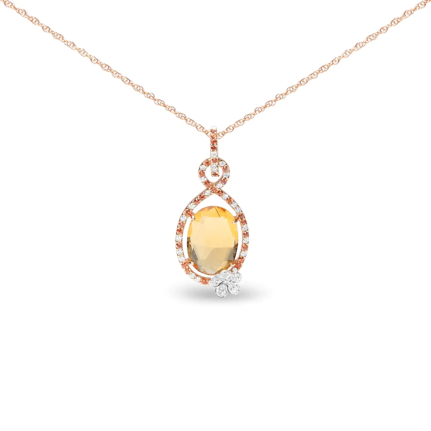 18K Rose Gold 1/5 Cttw Diamond and Oval Yellow Citrine and Round Orange Sapphire Gemstone Openwork Halo Teardrop with Flower Design 18" Pendant Necklace (G-H Color, SI1-SI2 Clarity) - Anti Spier 