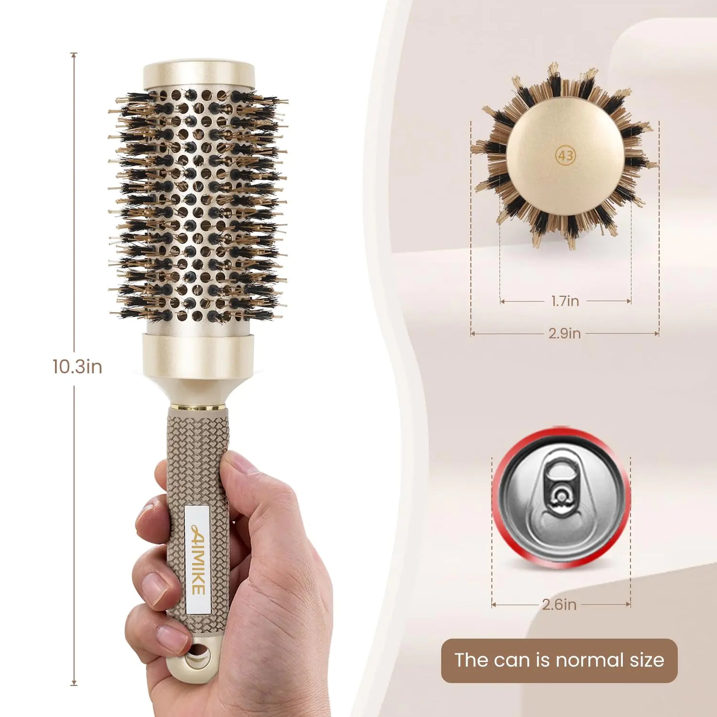 AIMIKE Round Brush, Nano Thermal Ceramic & Ionic Tech Hair Brush, Round Barrel Brush with Boar Bristles for Blow Drying, Styling, Curling, Add Volume & Shine (2.9 inch, Barrel 1.7 inch) + 4 Clips 43mm-1.7 Inch (2.9 Inch with Bristles)