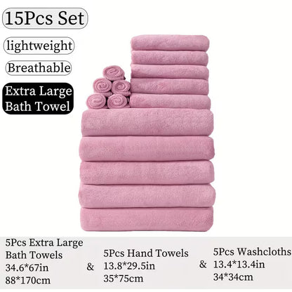 15pcs Bulk Bath & Hand Towel Set - Large 300GSM Microfiber Towels (5 Bath, 5 Hand, 5 Washcloths) - Heavy-Duty, Quick-Dry & Highly Absorbent for, Spa, Hotel - Multi-Color Options