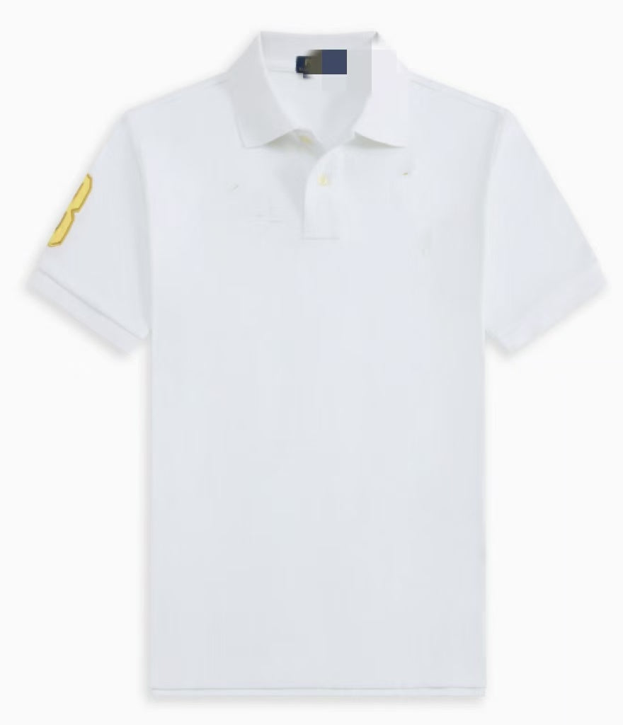 Summer men's loose lapel embroidery cotton short sleeve business plus size T-shirt white