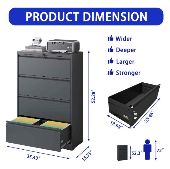 Horizontal Metal Lockable Filing Cabinet 4 Drawers