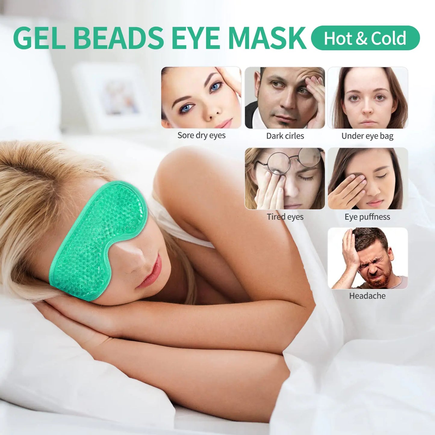 2PCS Gel Eye Mask Reusable Hot Cold Therapy Gel Bead Eye Mask for Puffiness /Dark Circles/Eye Bags /Dry Eyes/Headaches/Migraines/Stress Relief, Cooling Eye Mask Hot/Cold Compress Eye Mask (Green) Green