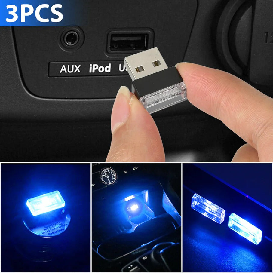 3x Mini Blue LED USB Car Interior Light Neon Atmosphere Ambient Lamp Accessories