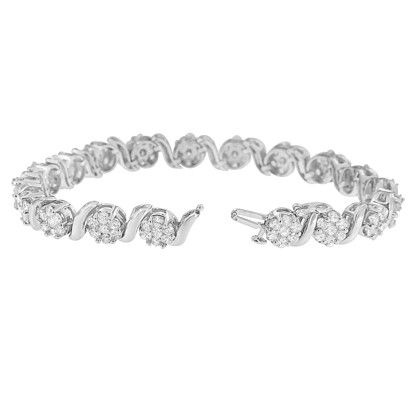 14K White Gold 7 3/8 Cttw Round Brilliant Diamond Floral Cluster and S Link Bracelet (H-I Color, SI2-I1 Clarity) - 7" Inches - Anti Spier 