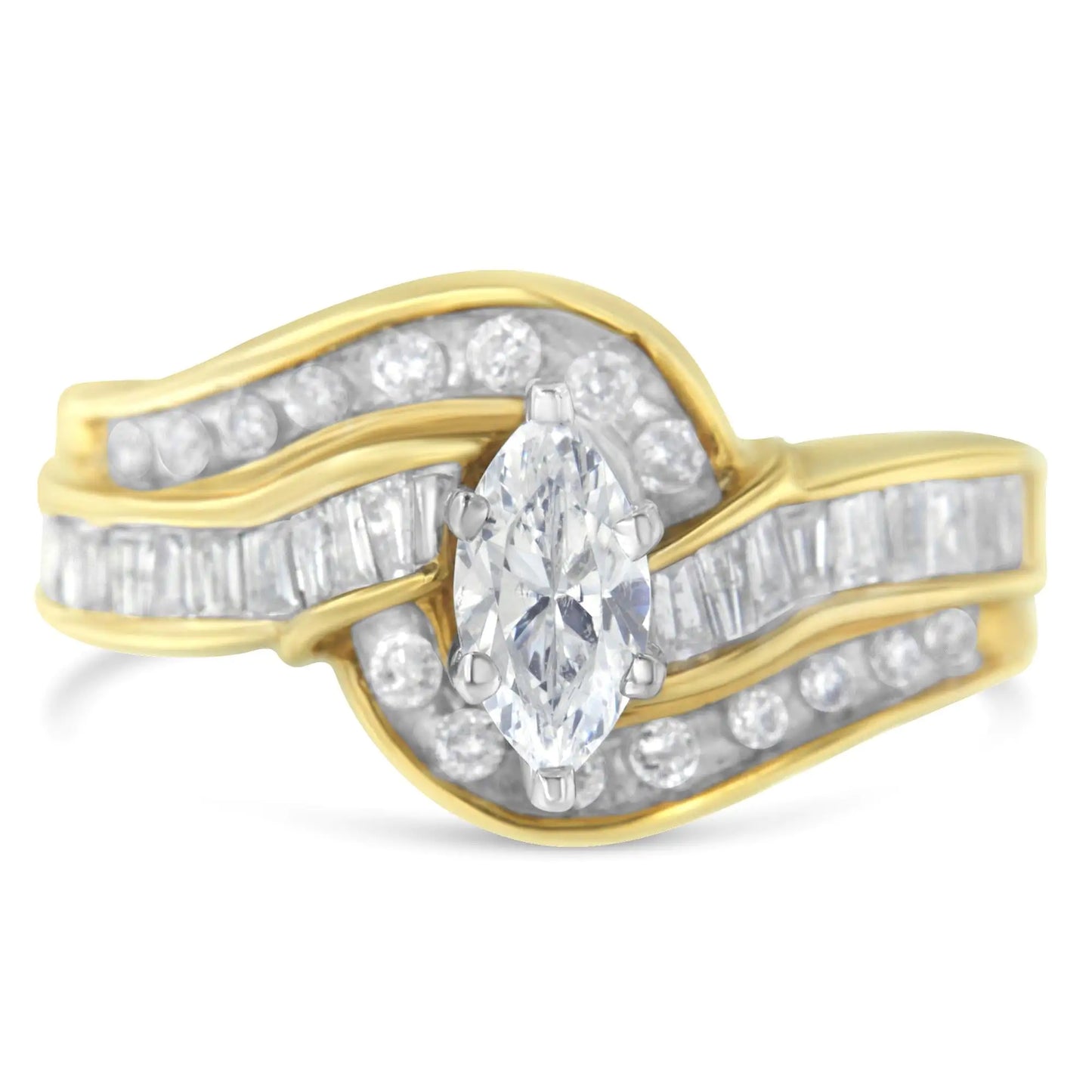 14KT Two-Toned Gold Marquise, Baguette and Round Cut Diamond Bypass Ring (1 cttw, H-I Color, SI1-SI2 Clarity) () - Anti Spier 