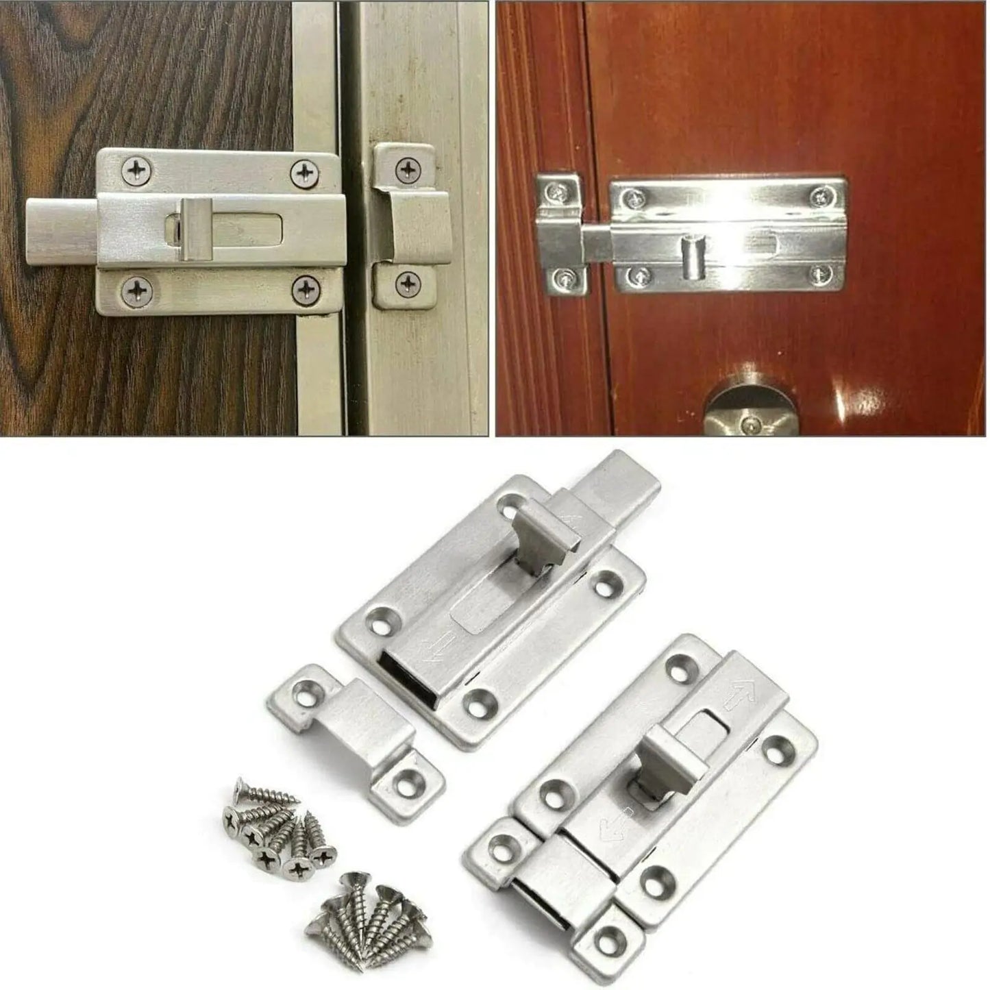 2Pcs Stainless Steel Latch Sliding Silver Doors Lock Keyless Door Bolt For Doors