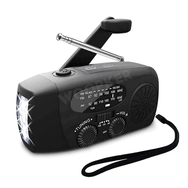 Versatile emergency radio with flashlight, multifunctional gear for power outages and outdoor use.