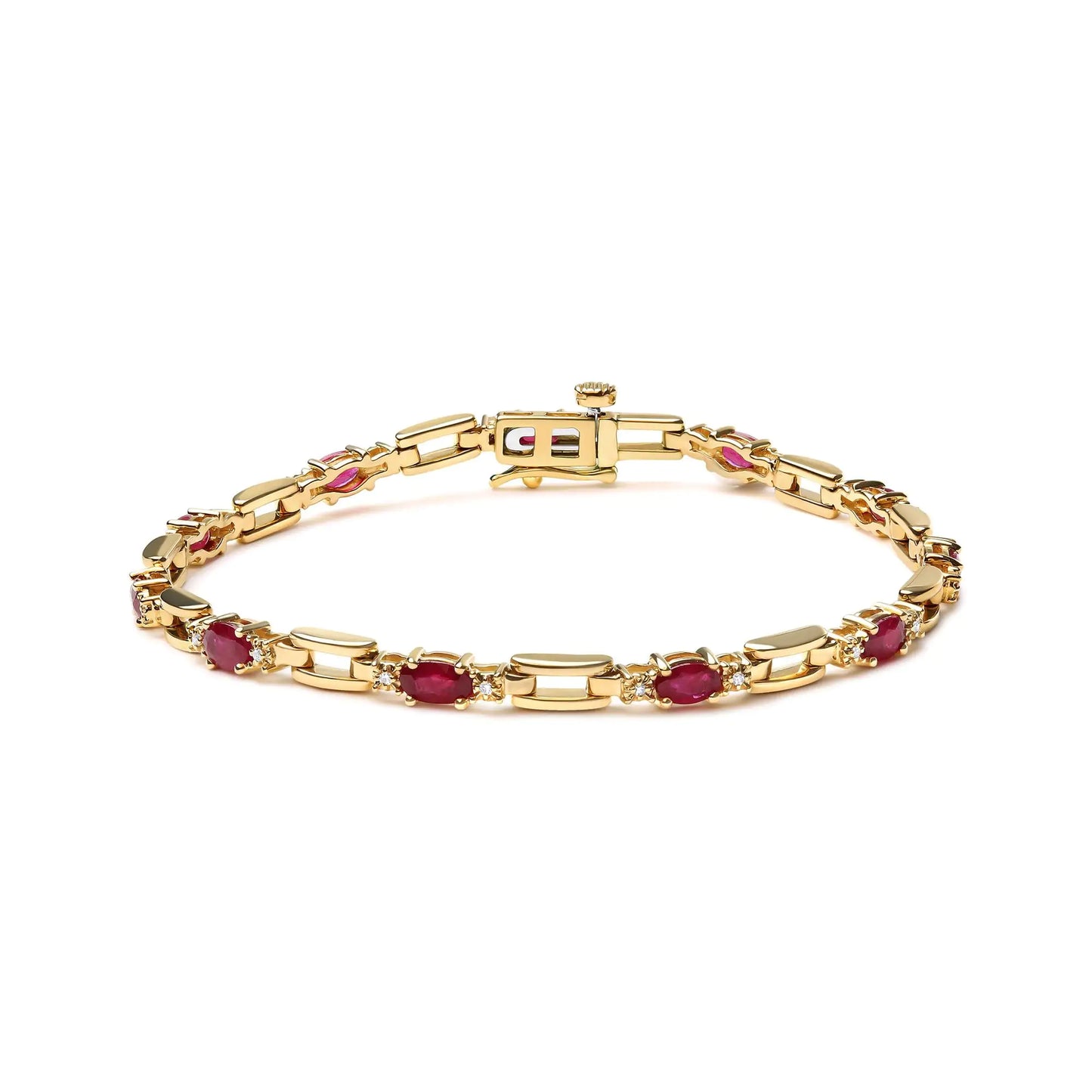 10K Yellow Gold Oval Ruby and 1/10 Cttw Diamond Bar Prong Set Bracelet (H-I Color, SI1-SI2 Clarity)  - Size 7" - Anti Spier 