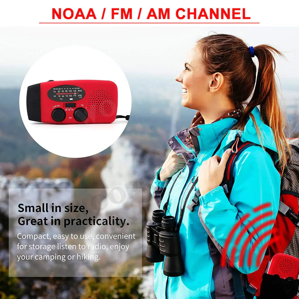 Compact emergency radio with flashlight, offering AM/FM/WB channels, solar charging, and phone charger for outdoor or emergency use.