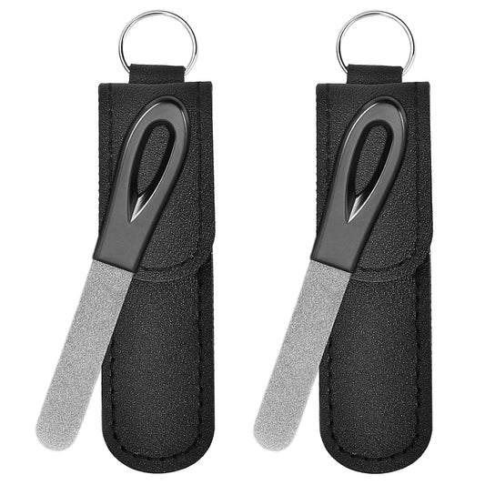Metal Nail File with Case 2 Pack Keychain Nail Files for Natural Nails Fingernail Files Diamond Round Tip Stainless Steel Double Sided Fine Grit Sapphire Filer with Leather Sheath Travel Black