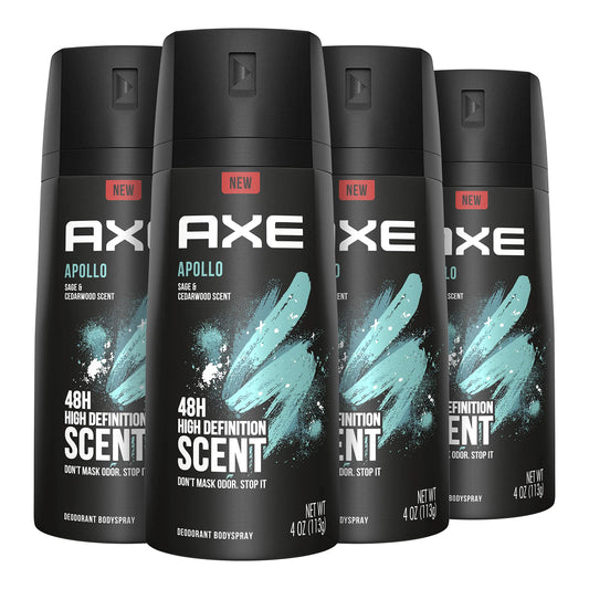 AXE Apollo Body Spray Deodorant for Long-Lasting Odor Protection, Sage & Cedarwood Deodorant for Men Formulated Without Aluminum 4 Ounce (Pack of 4) Apollo (Sage and Cedarwood) 4 Ounce (Pack of 4)