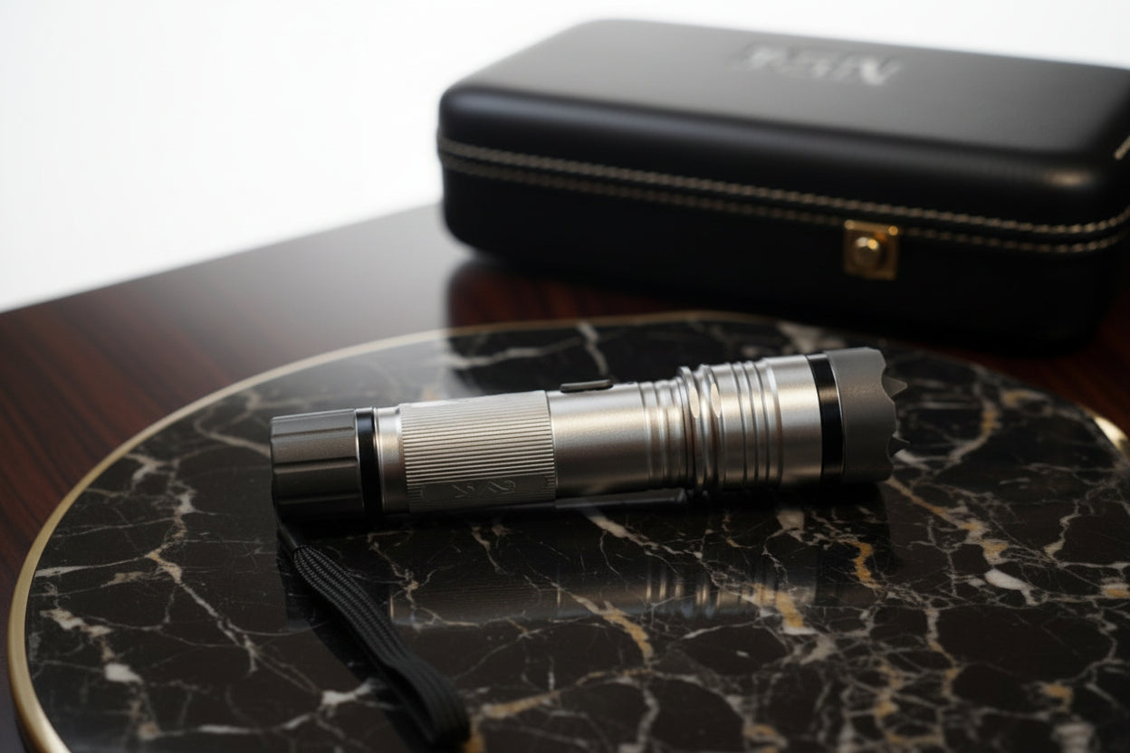 Silver flashlight on a black marble surface with a dark background