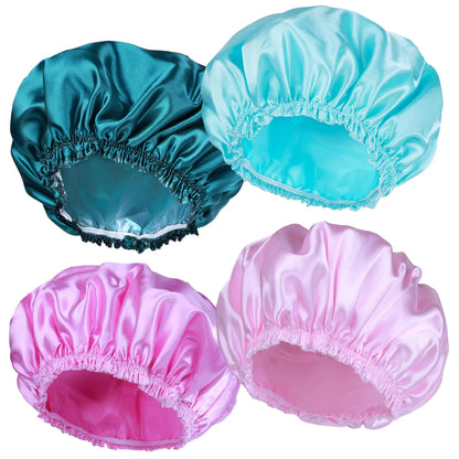 Shower Caps for Women, 4 PCS Elastic and Reusable Bath Caps, Double Waterproof Layers Shower Cap, Bathing Shower Caps, Environmental Protection Hair Bath Hat - Solid Color Solid Color 4 PCS/Set