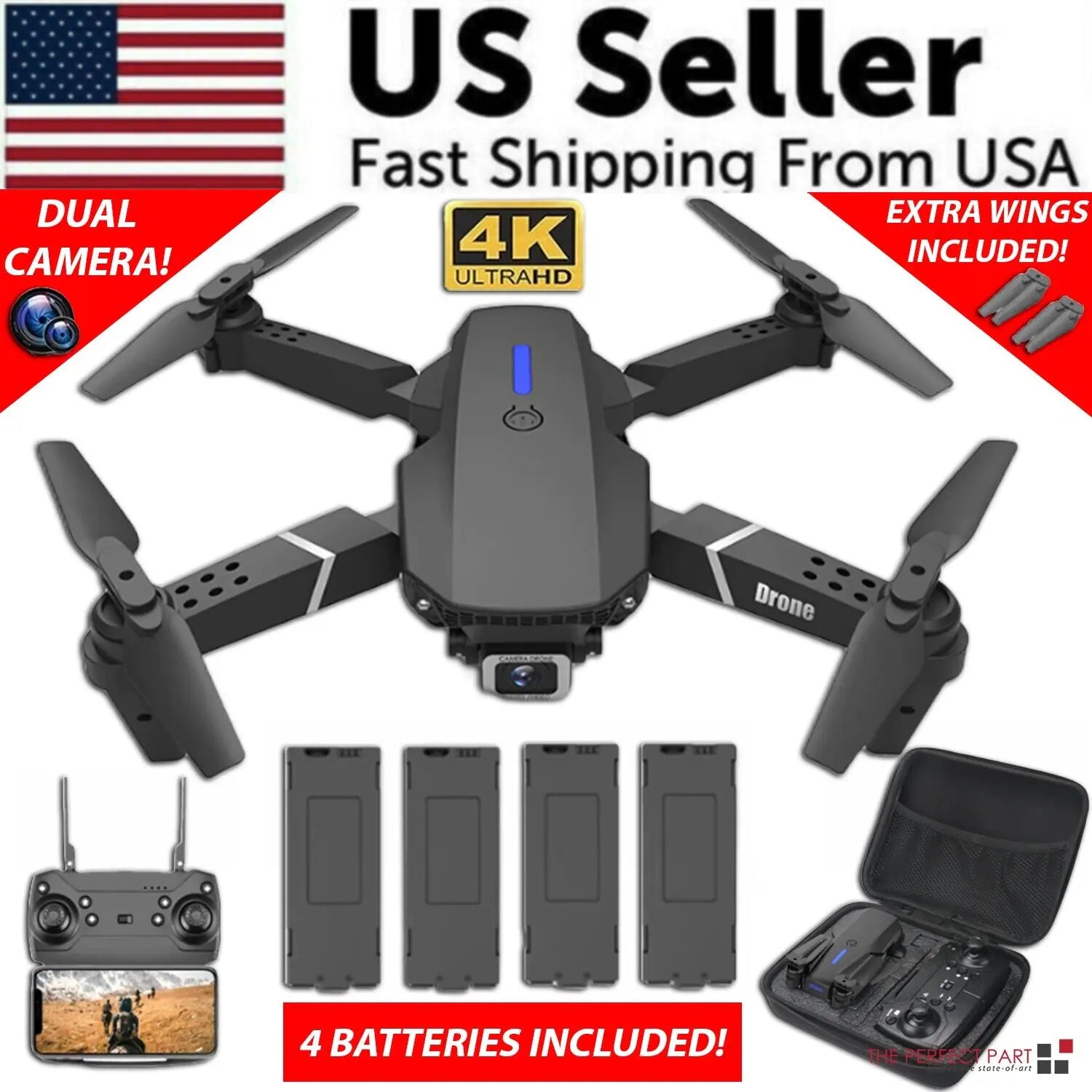 2023 New RC Drone With 4K HD Dual Camera WiFi FPV Foldable Quadcopter +4 Battery - Anti Spier 