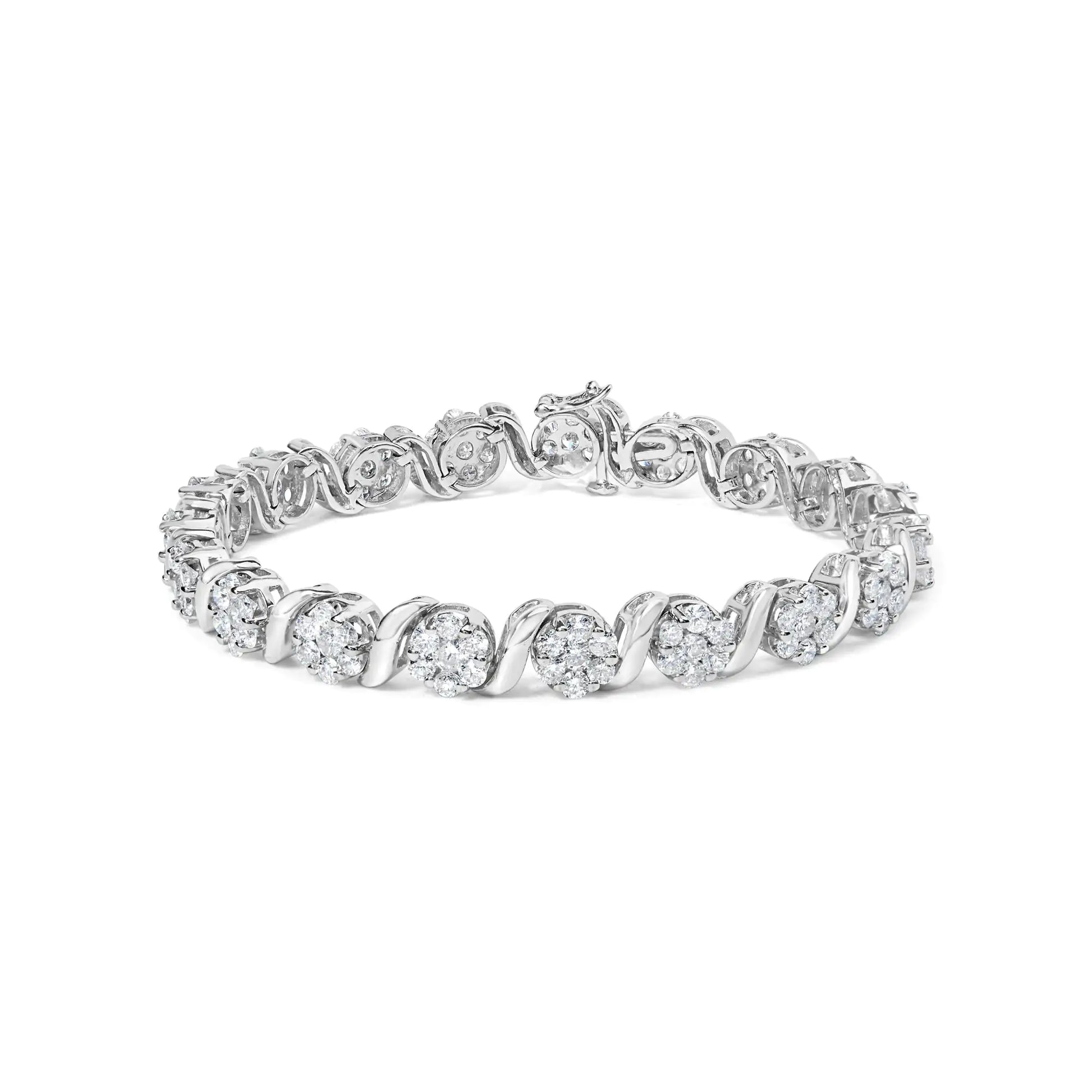 14K White Gold 7 3/8 Cttw Round Brilliant Diamond Floral Cluster and S Link Bracelet (H-I Color, SI2-I1 Clarity) - 7" Inches - Anti Spier 