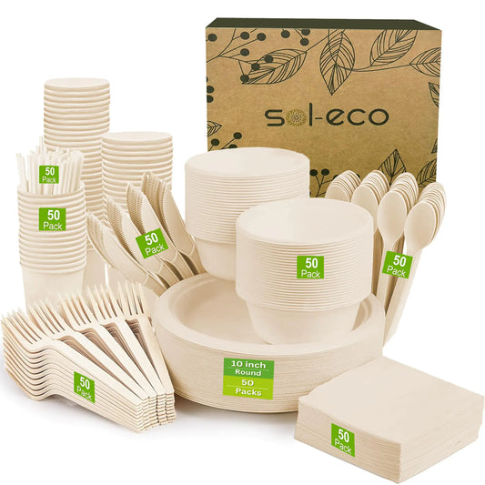SOL ECO Compostable Paper Plates 400 PCS Heavy-Duty Compostable Plates Party Paper Plates & bowls (10 inch & 20 oz) Forks Knives Spoons Cups & Napkins for Party 50 Guest