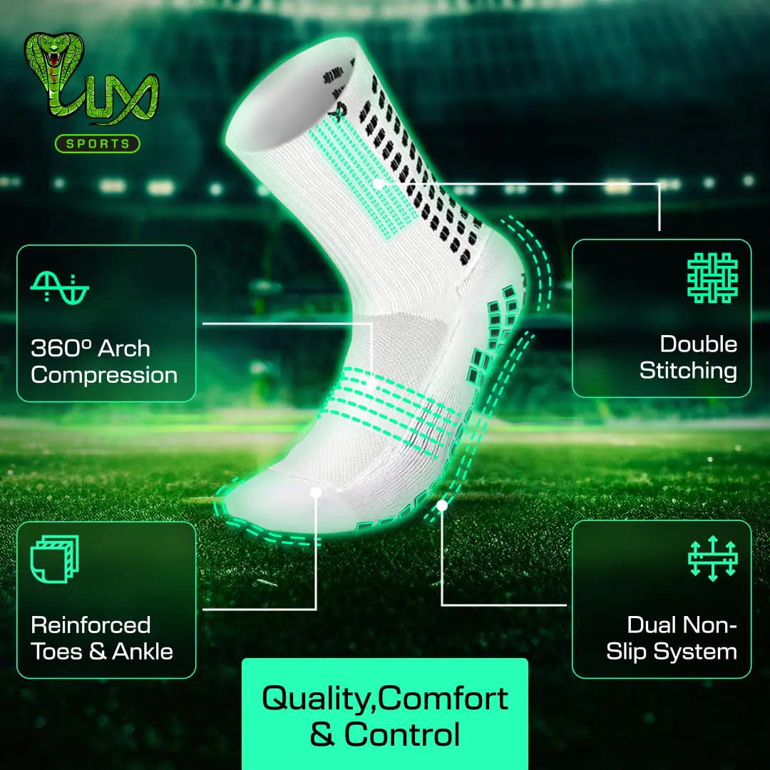 Lux Dual Grip Socks - Soccer Grip Socks for Men and Women. GripArray™ Performance & Comfort - Anti-Slip Grip Socks for Soccer Large White (2 Packs)