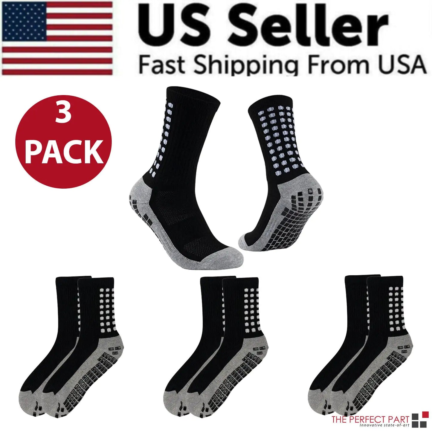 3 Pair Sport Socks Anti Slip W/ Grip Soccer Men Football Basketball Sock Premium