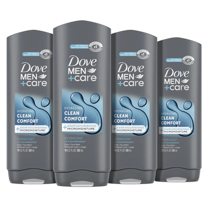 DOVE MEN + CARE Body and Face Wash Clean Comfort 4 Count for Healthier and Stronger Skin Effectively Washes Away Bacteria While Nourishing Your Skin, 18 oz 1.13 Pound (Pack of 4)