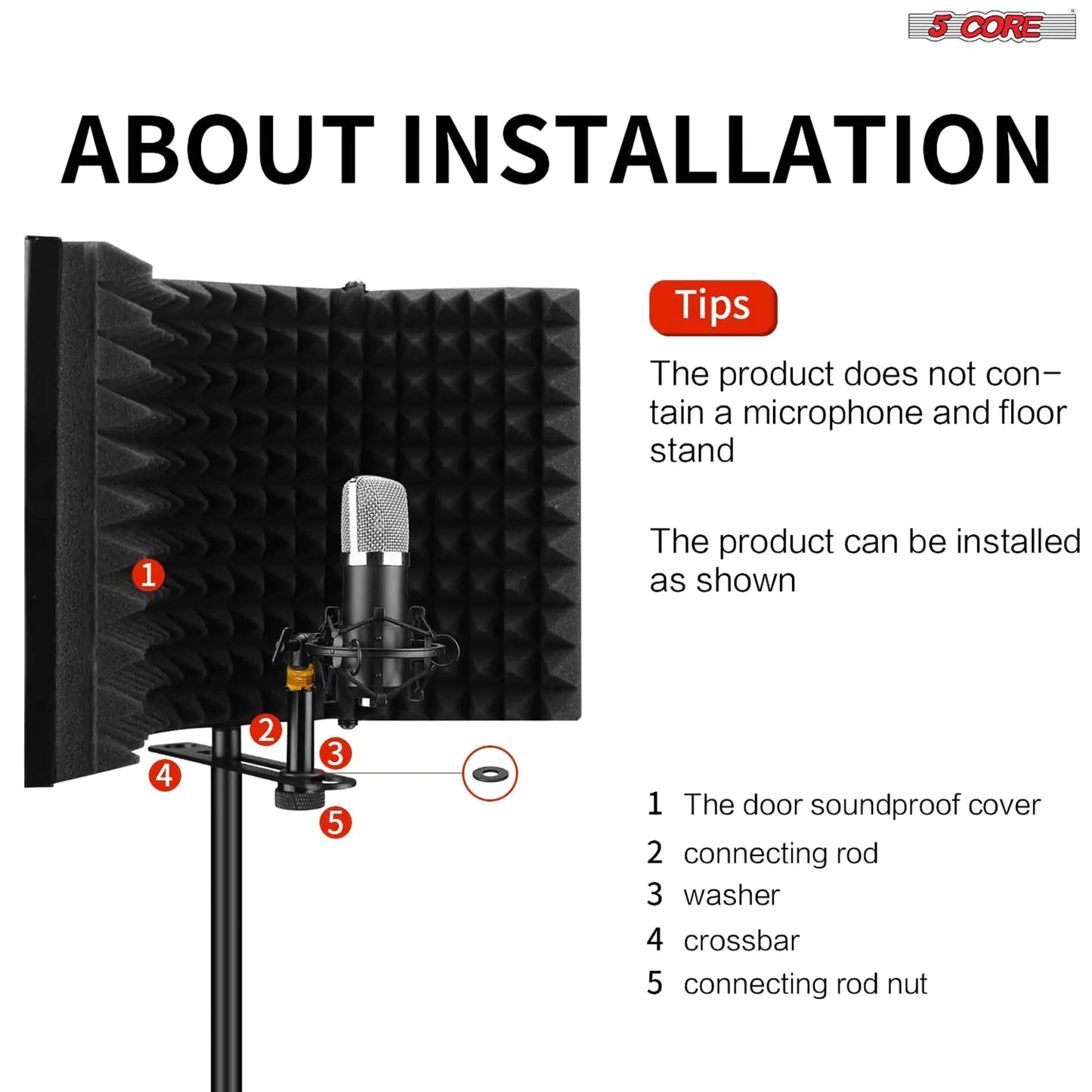 5Core Microphone Isolation Shield  Foldable Mic Shield with 3 Sound Insulation Absorbing Foam