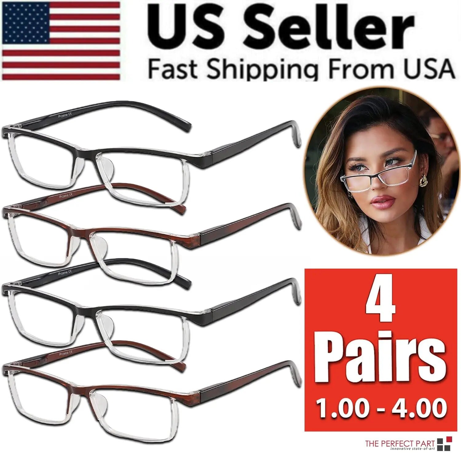 4 Pack Reading Glasses Readers Men Women Square Frame Spring Hinge Unisex Pairs - Anti Spier 