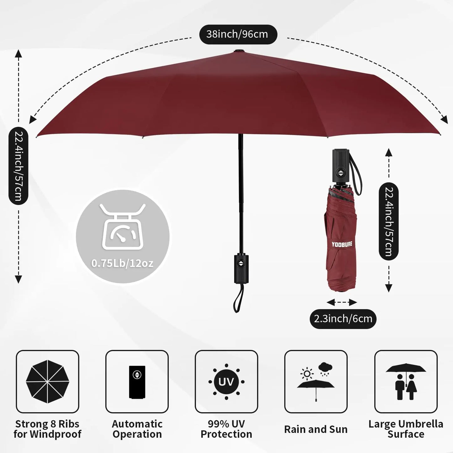 Yoobure Windproof Travel Umbrella, Automatic Umbrellas for Rain, Portable & Compact Umbrella for Backpack, Sun Umbrella for Walking, Folding Small Umbrella for Car, Lightweight Strong UV Protection Auto-Burgundy Red