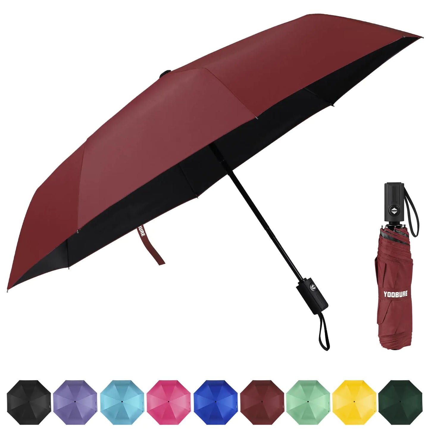 Yoobure Windproof Travel Umbrella, Automatic Umbrellas for Rain, Portable & Compact Umbrella for Backpack, Sun Umbrella for Walking, Folding Small Umbrella for Car, Lightweight Strong UV Protection Auto-Burgundy Red