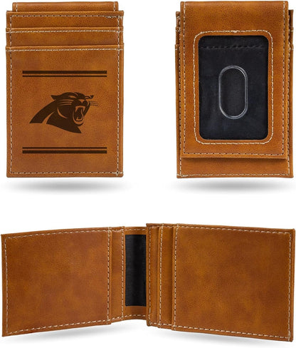 Rico Industries NFL Carolina Panthers Premium Laser Engraved Vegan Brown Leather Front Pocket Wallet - Compact and Slim yet Sturdy Design - Perfect to Show Your Team Pride or Gift