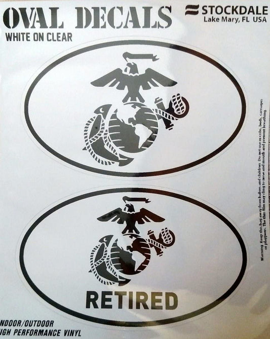 U.S. Marines, Retired, 2-Piece White and Clear Euro Decal Sticker Set, 4x2.5 Inch Each, United States Military
