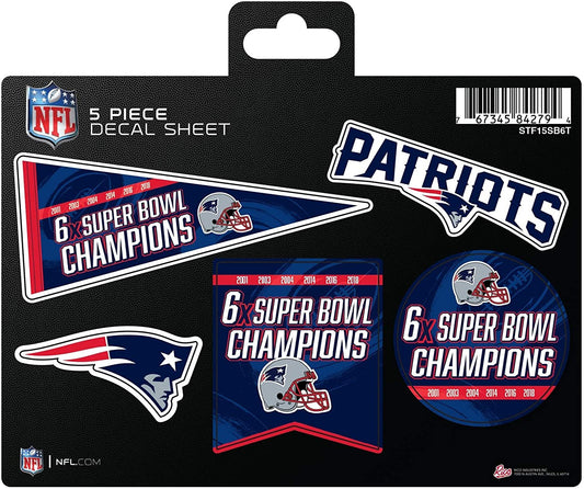 Patriots Decal Sticker 6X Time Champions 5 Piece Multi Sheet Flat Vinyl Emblem Super Bowl Football