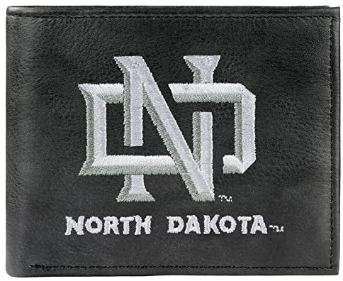 University of North Dakota Fighting Hawks Premium Black Leather Wallet, Bifold Billfold, Embroidered Logo