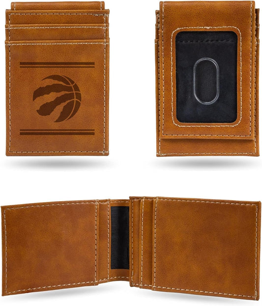 Rico Industries NBA Toronto Raptors Premium Laser Engraved Vegan Brown Leather Front Pocket Wallet - Compact and Slim yet Sturdy Design - Perfect to Show Your Team Pride or Gift