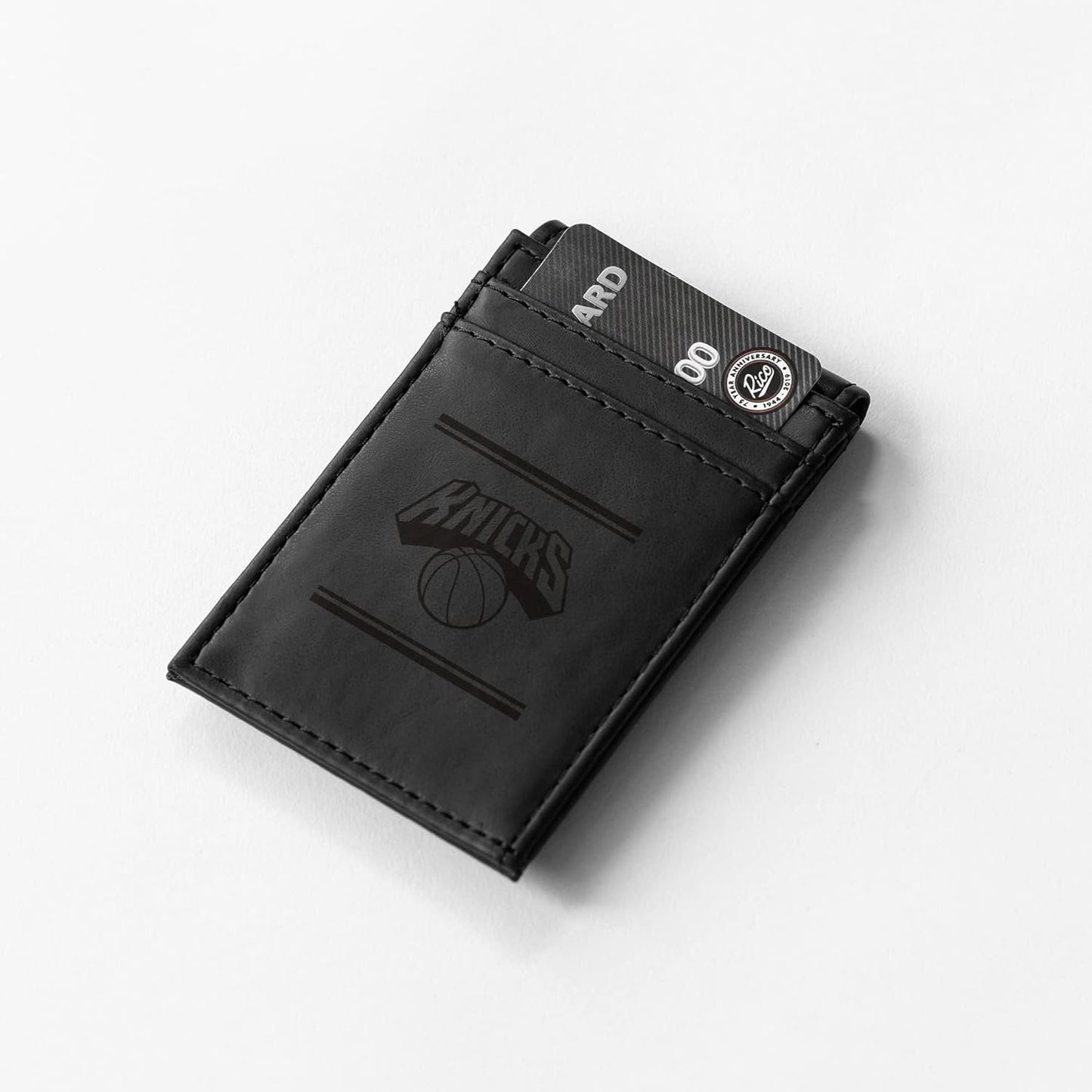 New York Knicks Premium Black Leather Wallet, Front Pocket Magnetic Money Clip, Laser Engraved, Vegan