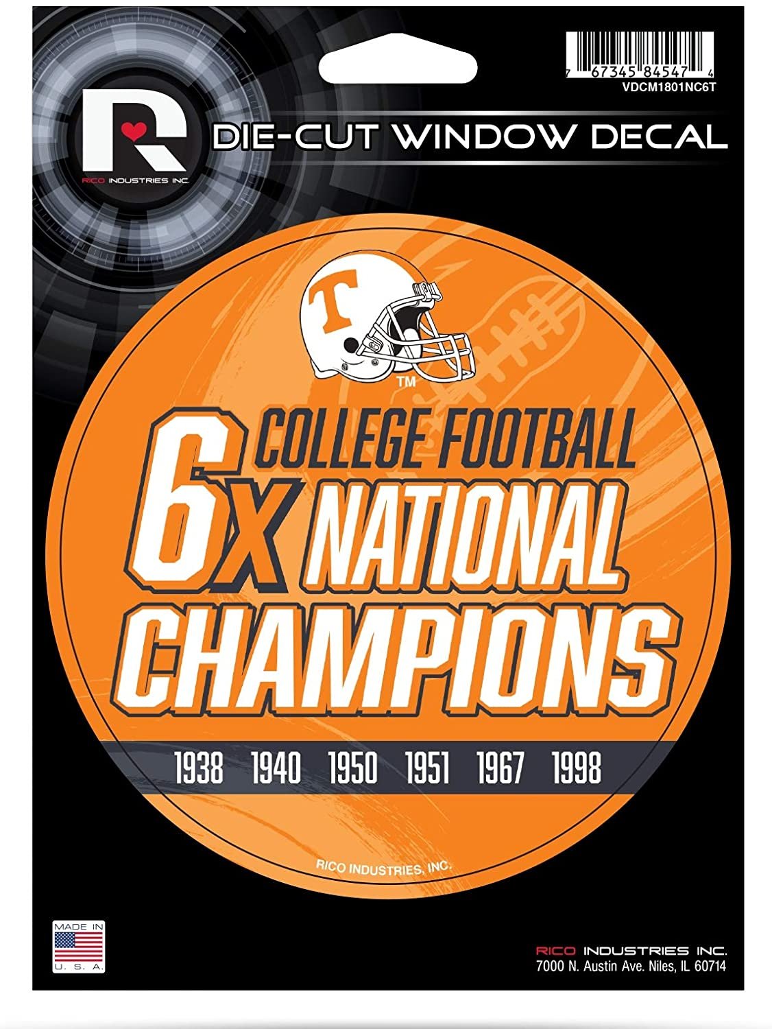 Tennessee Volunteers 5" Decal Sticker 6X Time Champions Flat Vinyl Auto Emblem College Football University of