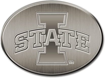 Iowa State University Cyclones Premium Solid Metal Raised Auto Emblem, Antique Nickel Finish, Shape Cut, Adhesive Backing