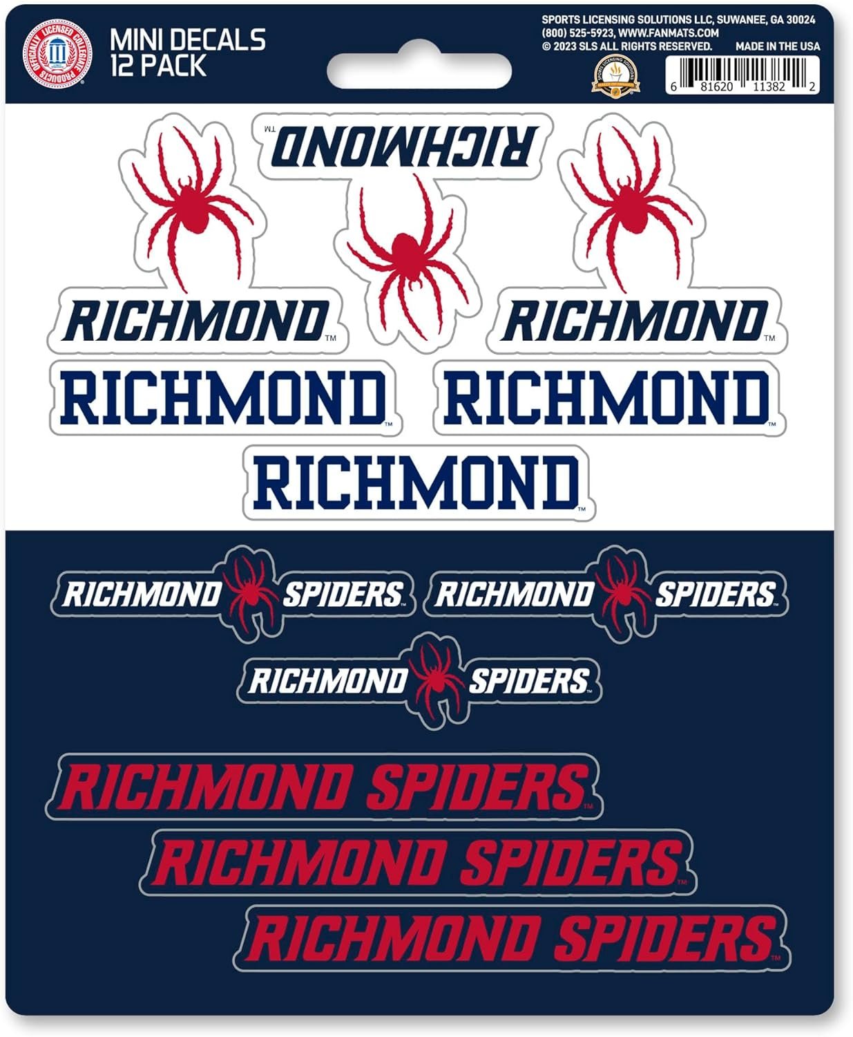 University of Richmond Spiders 12-Piece Mini Decal Sticker Set, 5x6 Inch Sheet, Gift for football fans for any hard surfaces around home, automotive, personal items