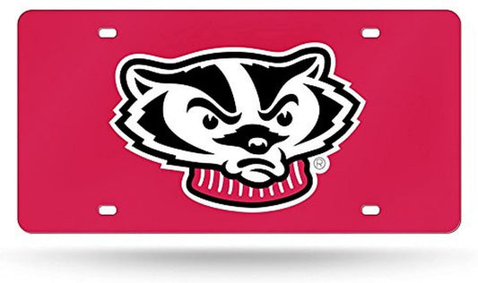University of Wisconsin Badgers Premium Laser Cut Tag License Plate, Mirrored Acrylic Inlaid, Red, 12x6 Inch
