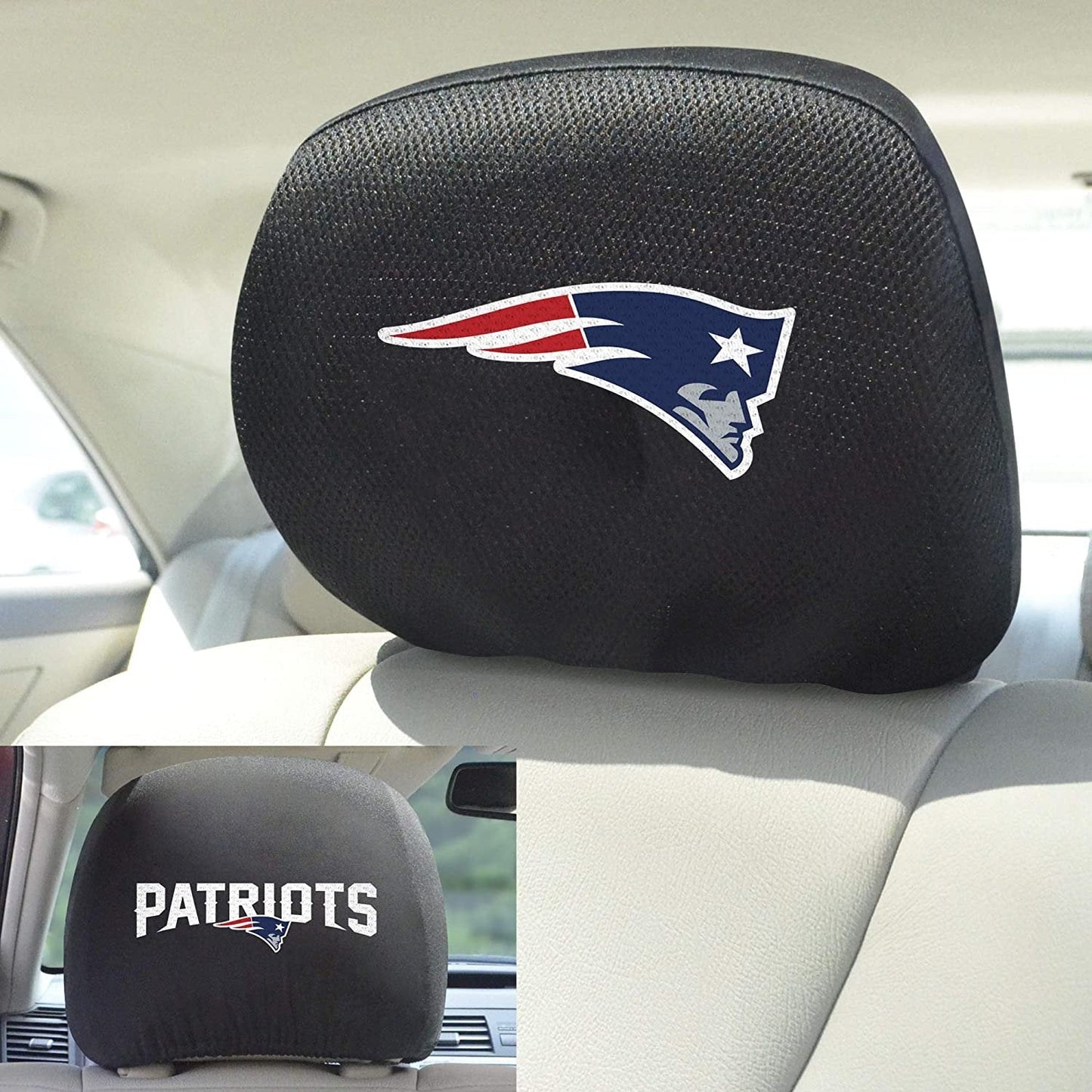 New England Patriots Pair of Premium Auto Head Rest Covers, Embroidered, Black Elastic, 14x10 Inch
