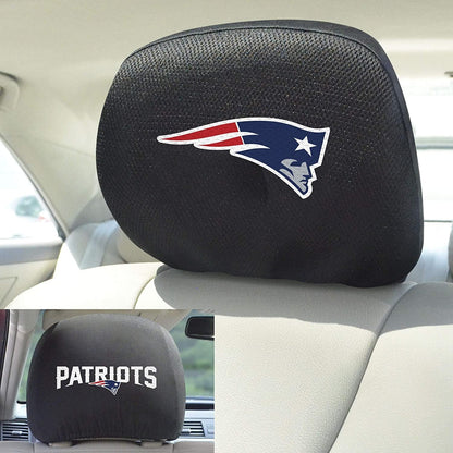 New England Patriots Pair of Premium Auto Head Rest Covers, Embroidered, Black Elastic, 14x10 Inch