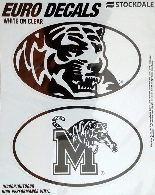 University of Memphis Tigers 2-Piece White and Clear Euro Decal Sticker Set, 4x2.5 Inch Each