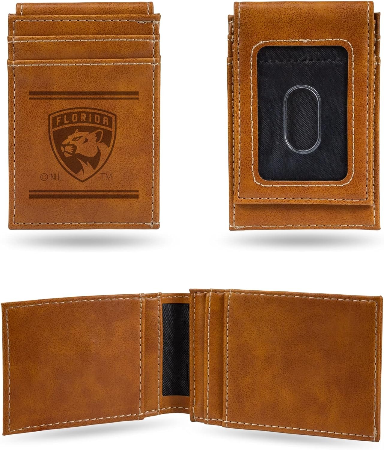 Florida Panthers Premium Brown Leather Wallet, Front Pocket Magnetic Money Clip, Laser Engraved, Vegan