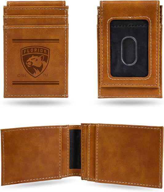 Florida Panthers Premium Brown Leather Wallet, Front Pocket Magnetic Money Clip, Laser Engraved, Vegan