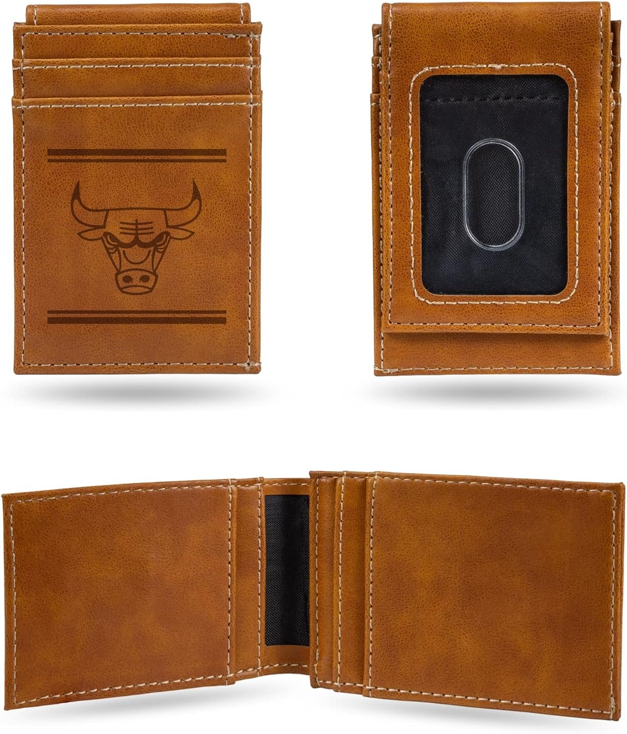 Rico Industries NBA Chicago Bulls Premium Laser Engraved Vegan Brown Leather Front Pocket Wallet - Compact and Slim yet Sturdy Design - Perfect to Show Your Team Pride or Gift