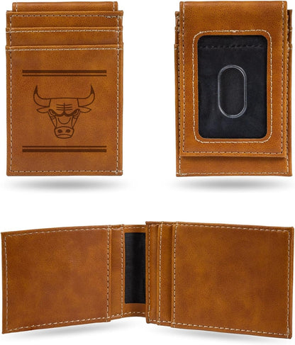 Rico Industries NBA Chicago Bulls Premium Laser Engraved Vegan Brown Leather Front Pocket Wallet - Compact and Slim yet Sturdy Design - Perfect to Show Your Team Pride or Gift