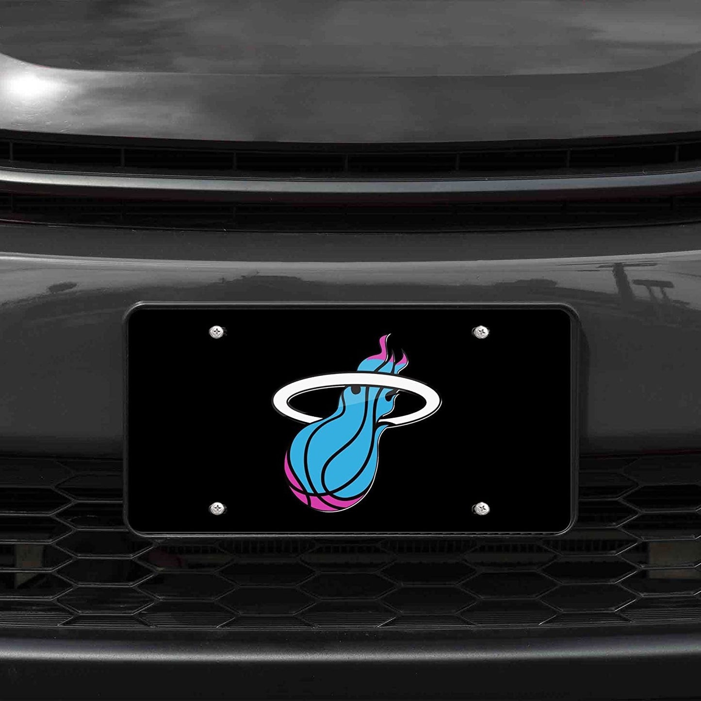 Miami Heat Premium Laser Cut Tag License Plate, City Lights, Black Mirrored Acrylic Inlaid, 12x6 Inch