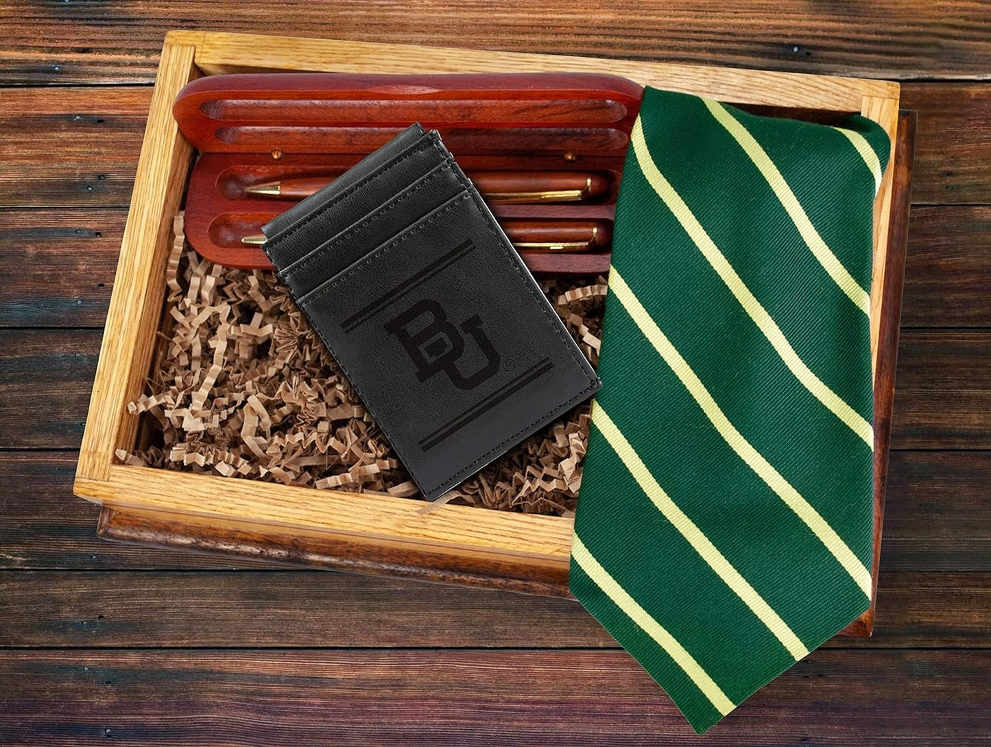 Baylor University Bears Premium Black Leather Wallet, Front Pocket Magnetic Money Clip, Laser Engraved, Vegan